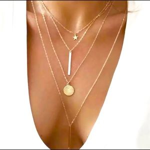 Fashion 18K Gold Plated Thin Multi Layered Charm Coin Star Pendant Necklace.💕